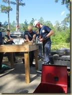 Cutting boards to build the shoring structures. 